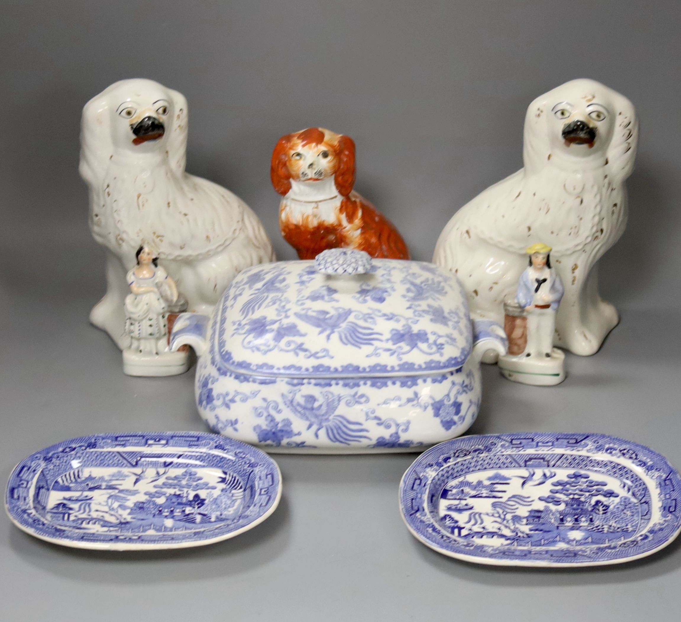 A pair of Staffordshire pottery dogs and various other Staffordshire pottery figures etc